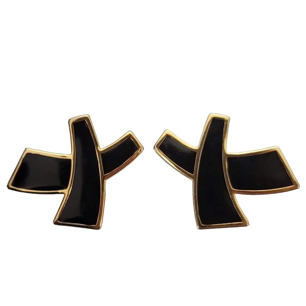 Monet Vintage Black Enamel Asian X Letter Clip On Earrings Signed